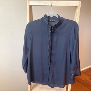 Zara Navy Blouse with Ruffled Collar